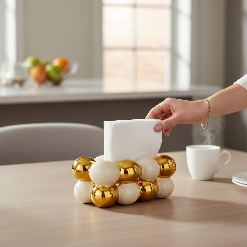 Porta-Guardanapo Oval em Cerâmica Preto com Detalhes Dourados