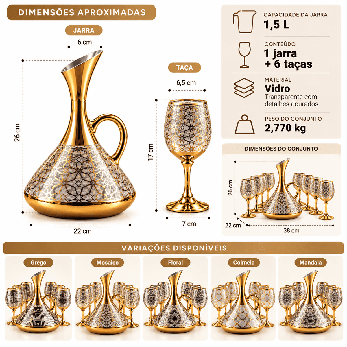 Conjunto Jarra Decanter de Vidro 1,5L Dourado com 6 Taças Decoradas Luxo Diversos Modelos