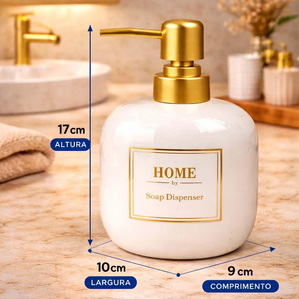 Dispenser de Sabonete Home Elegante em Cerâmica Branco com Tampa Dourada