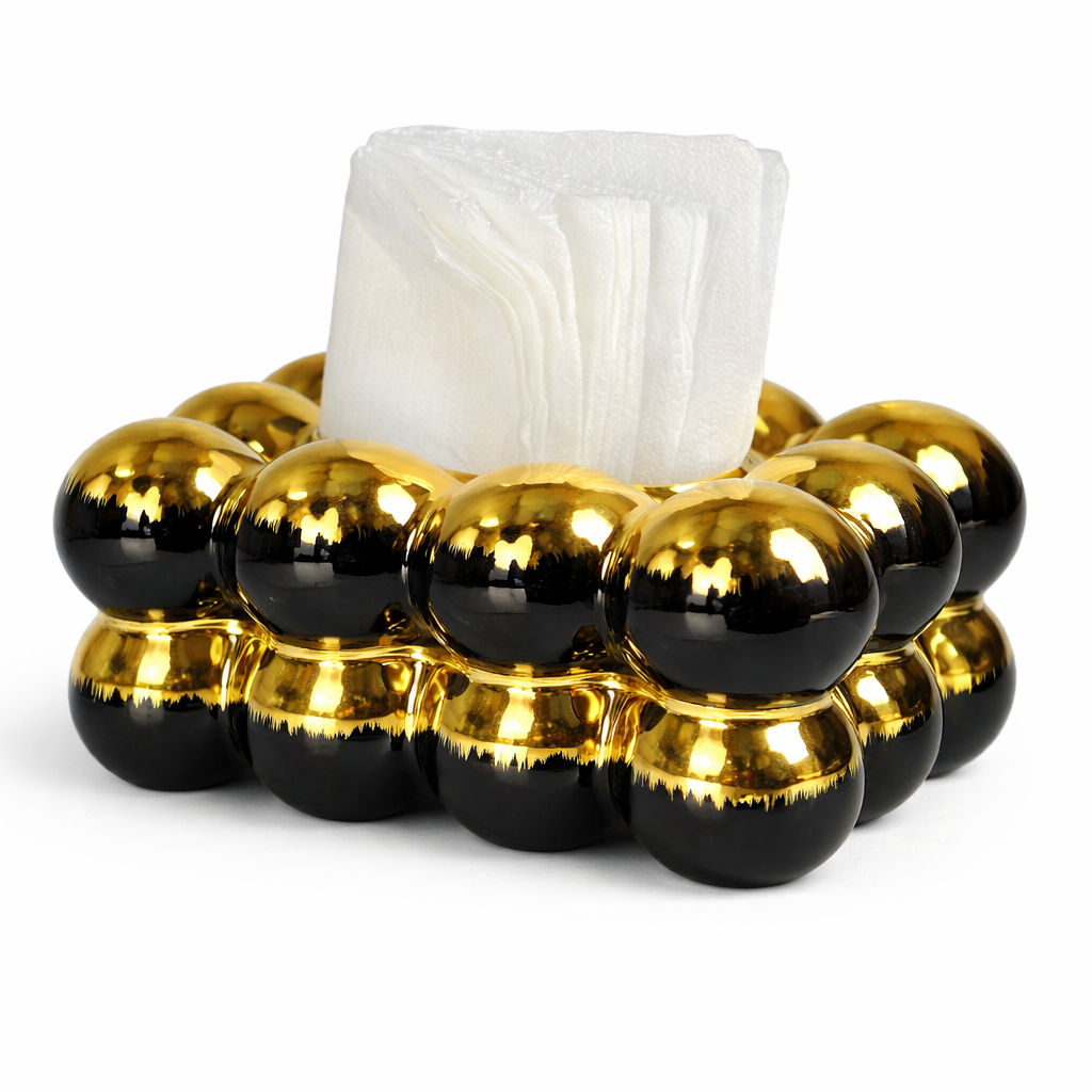 Porta-Guardanapo Oval em Cerâmica Preto com Detalhes Dourados