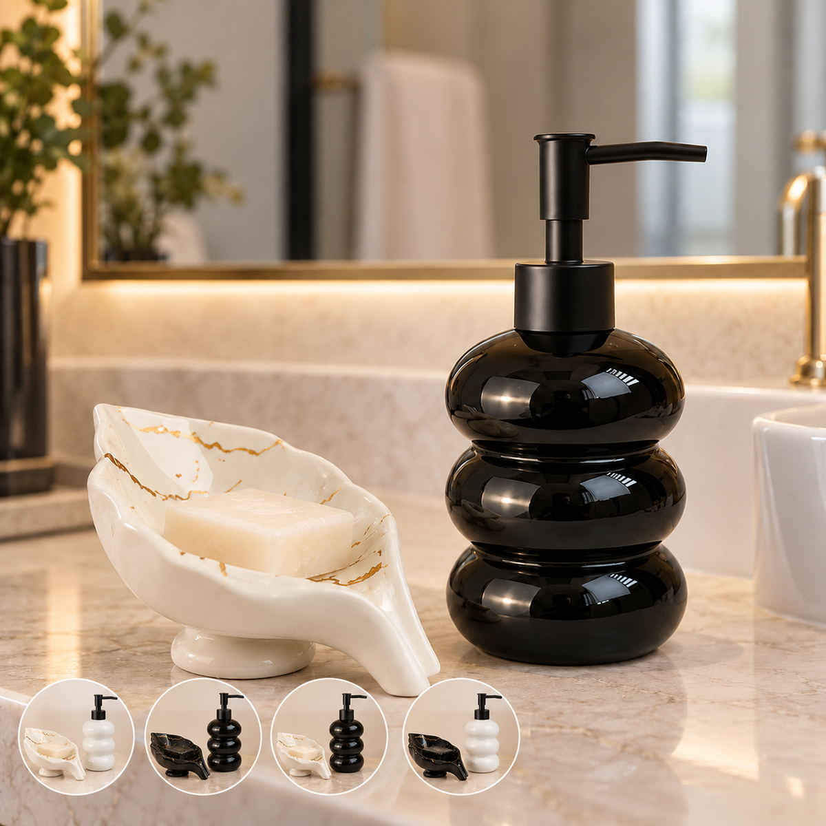 Kit Banheiro Dispenser Vidro Fosco 365ml com Saboneteira Cerâmica Preto ou Branco 2 Peças