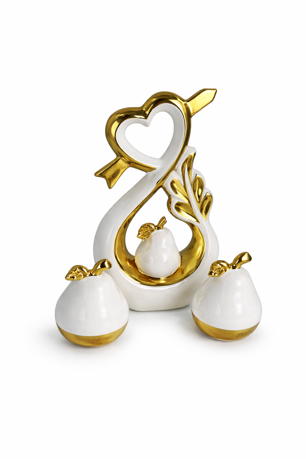 Conjunto de Esculturas Decorativas Corações e Pêras em Cerâmica Branco com Dourado