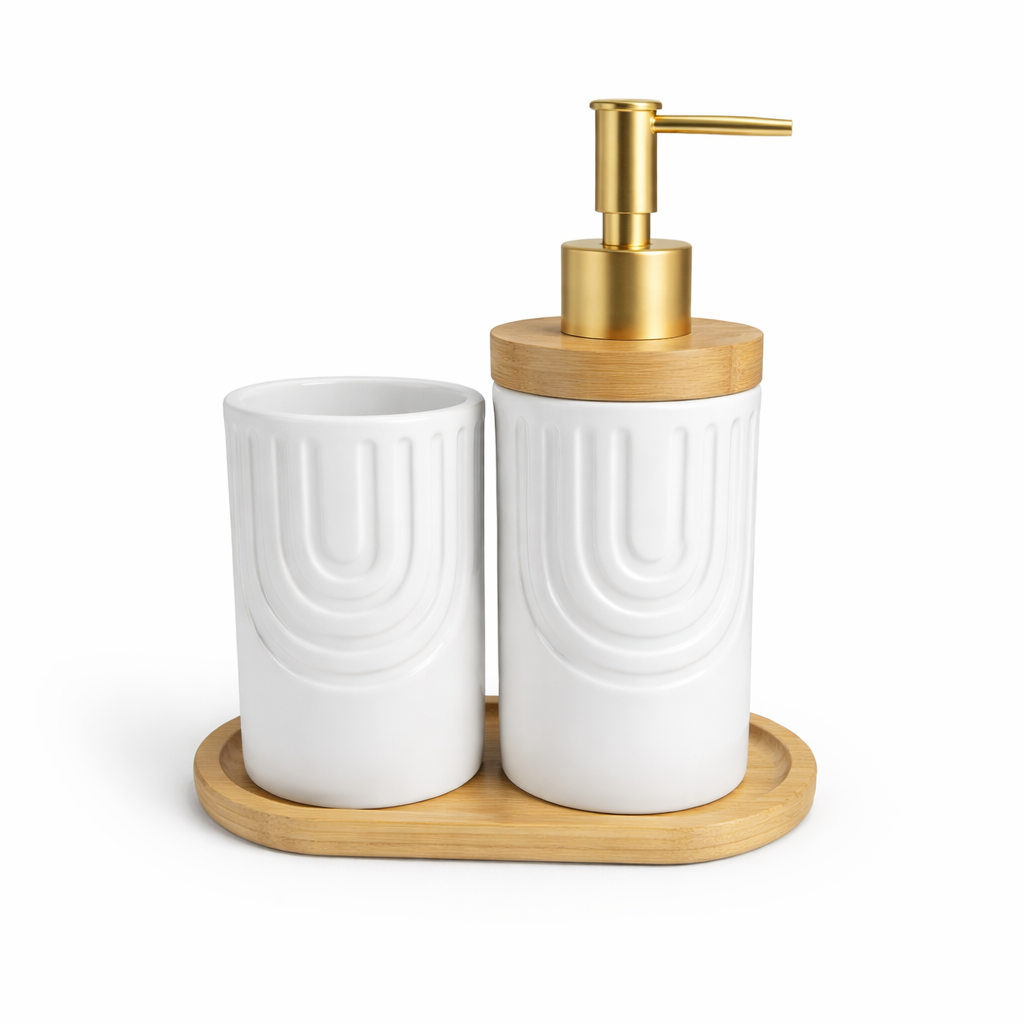 Conjunto de Banheiro Cerâmico Branco com Dourado e Bandeja de Bambu 2 Peças