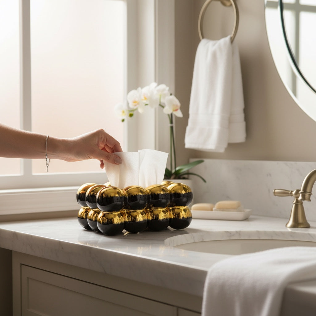 Porta-Guardanapo Oval em Cerâmica Preto com Detalhes Dourados