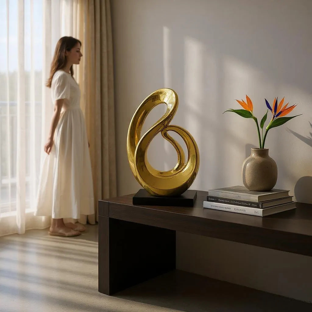 Escultura Abstrata com Base Preta e Detalhes Dourados Alidolado