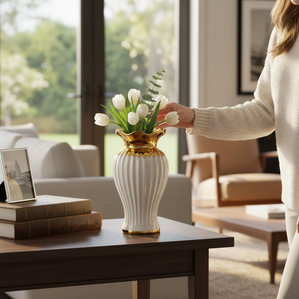 Vaso Decorativo em Cerâmica Branco com Detalhes Dourados