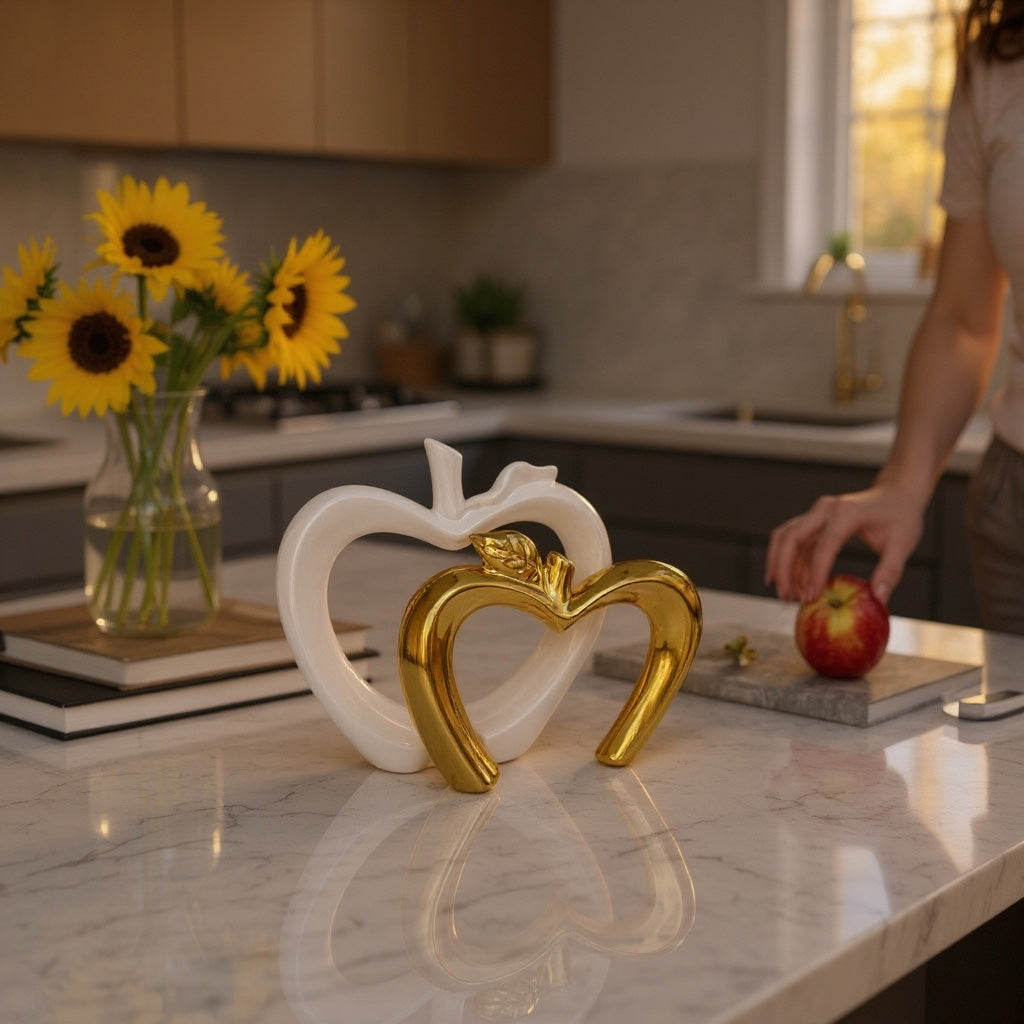 Escultura Decorativa Maçã em Cerâmica Branco com Dourado