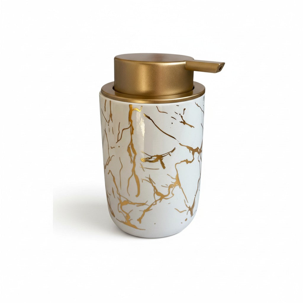 Dispenser de Sabonete Cerâmico Preto/Branco Marmorizado com Tampa Dourada