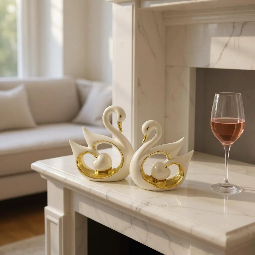 Conjunto de Cisnes Decorativos com Detalhes Dourados Alidolado