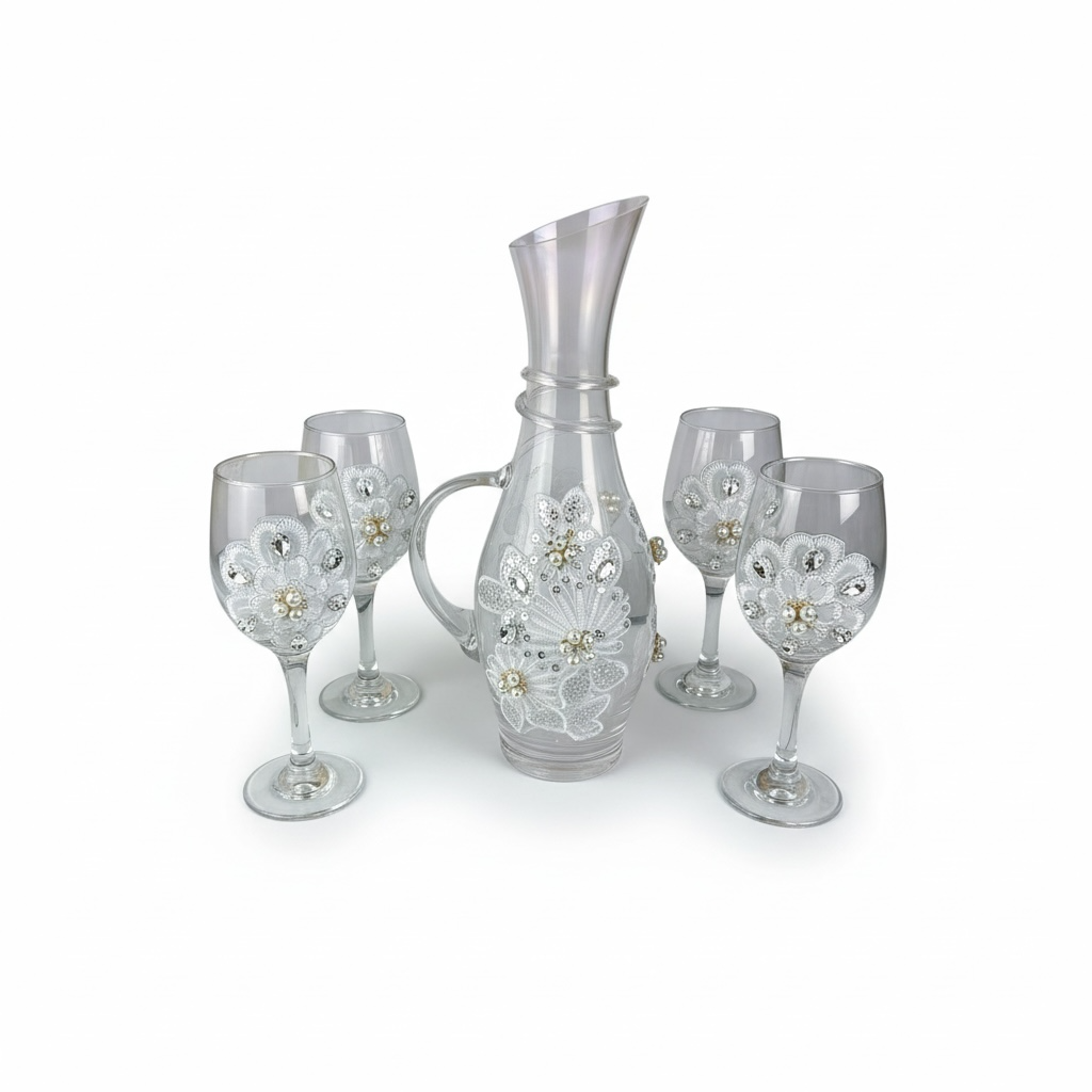 Conjunto de Jarra Vidro e Taças Florais