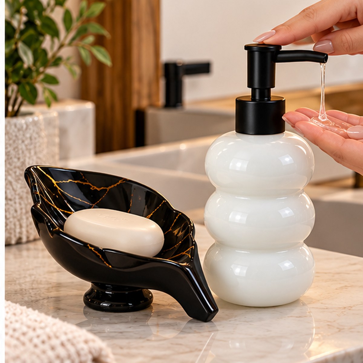 Kit Banheiro Dispenser Vidro Fosco 365ml com Saboneteira Cerâmica Preto ou Branco 2 Peças