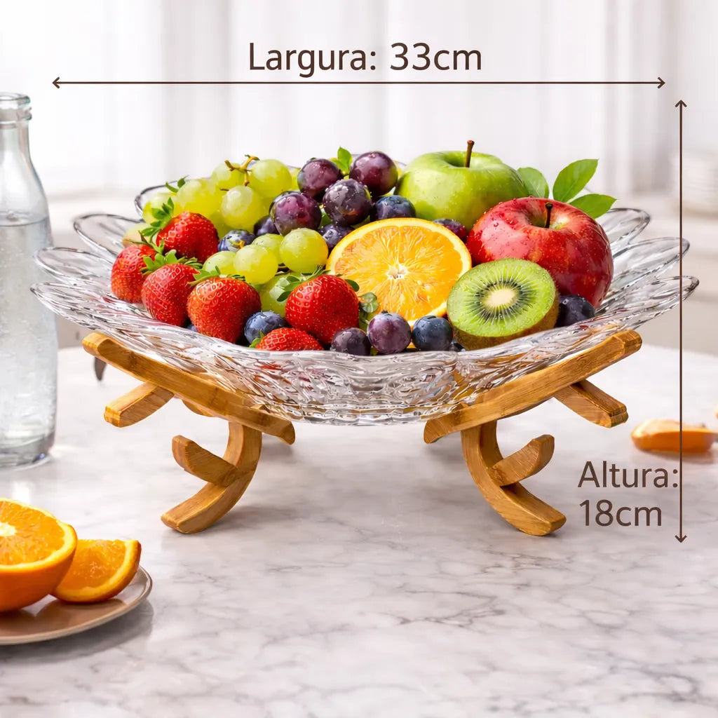 Fruteira de Vidro com Suporte em Bambu