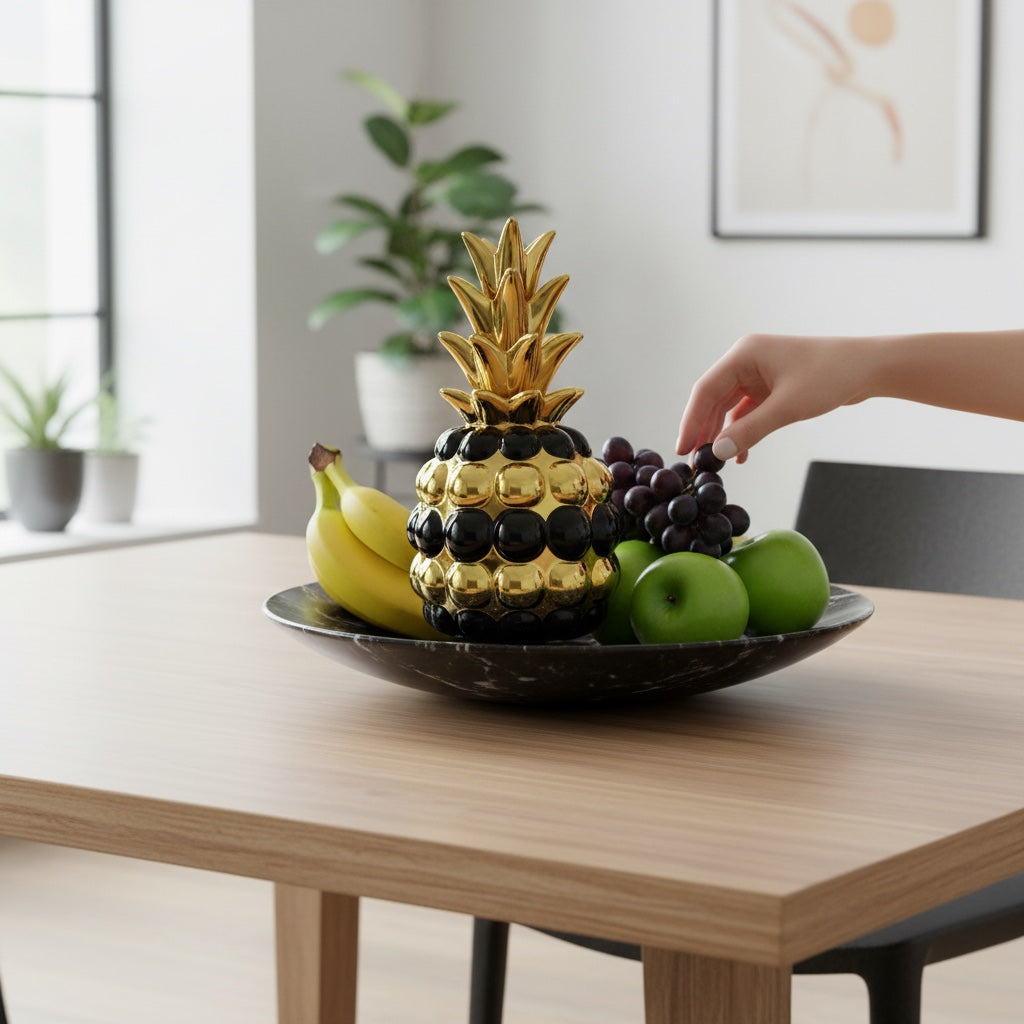 Escultura Decorativa Abacaxi em Cerâmica Dourado com Detalhes Pretos