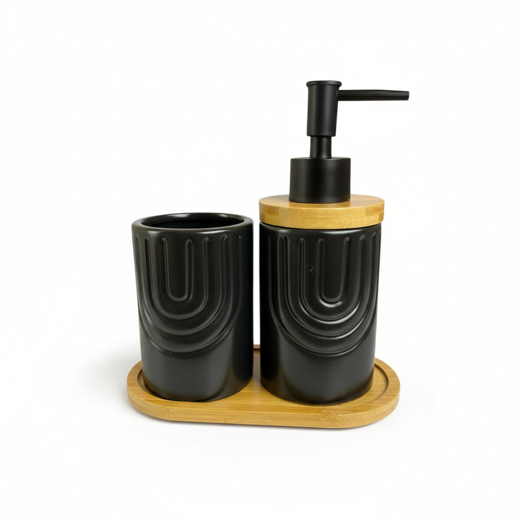 Conjunto de Banheiro Cerâmico Branco com Dourado e Bandeja de Bambu 2 Peças