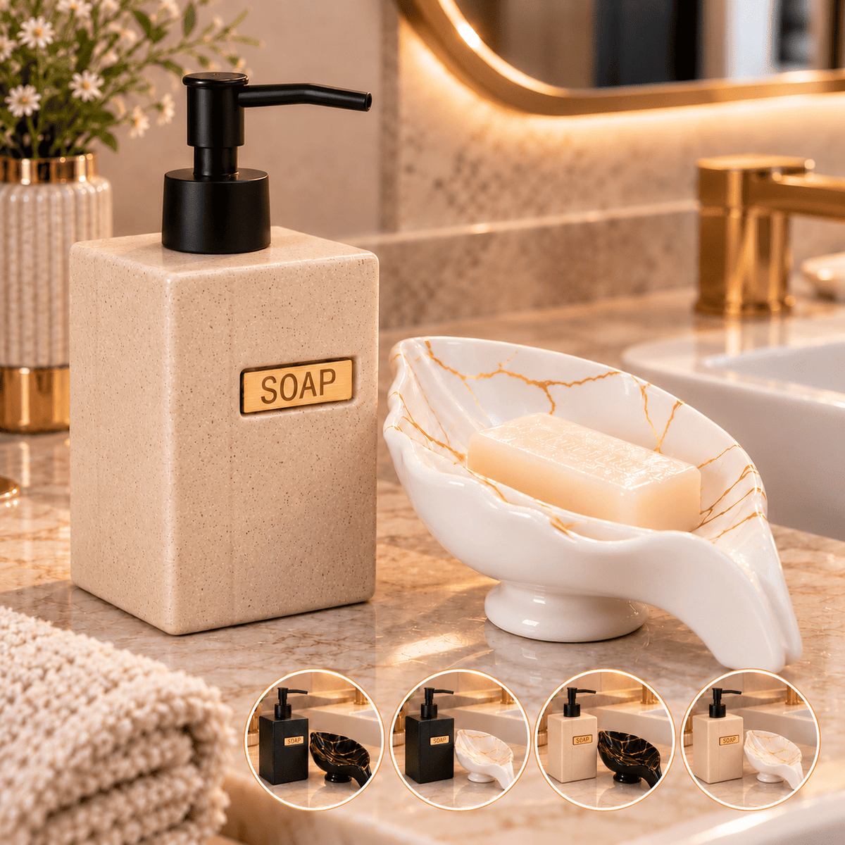 Kit Banheiro Dispenser Sabonete Cerâmica 355ml e Saboneteira Preto ou Branco 2 Peças