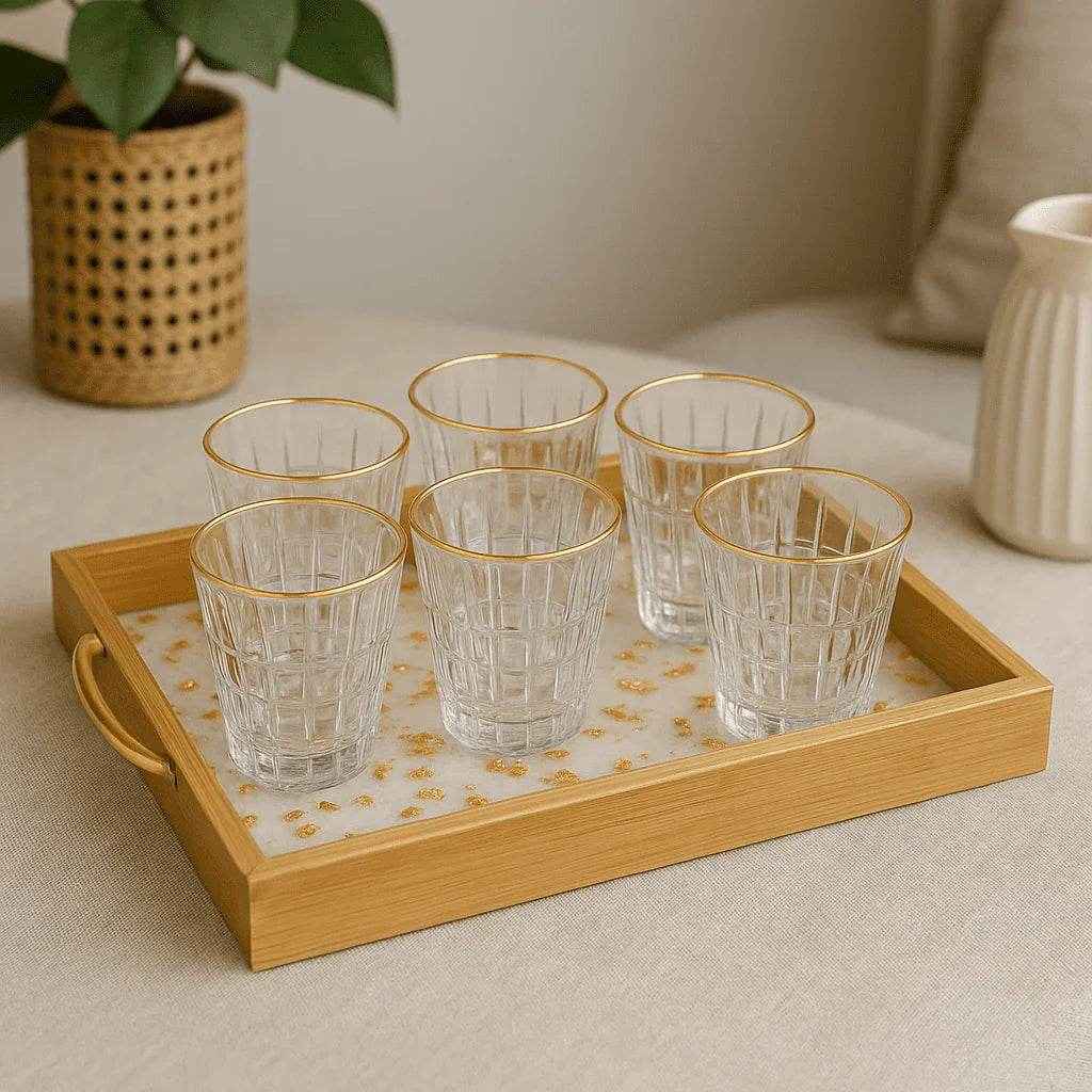 Conjunto de 6 Copos Lapidado com Borda Dourada 260ml Alidolado