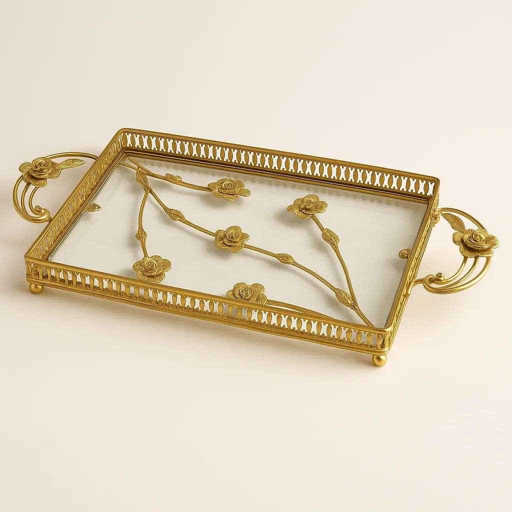 Bandeja de Vidro com Acabamento Dourado Alidolado