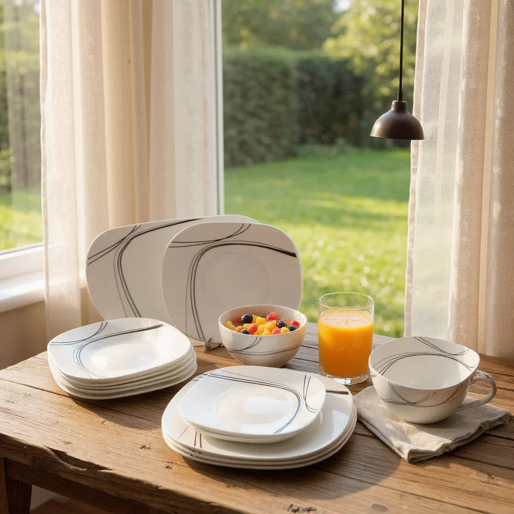 Conjunto de Jantar Branco com Detalhes Pretos – 26 Peças