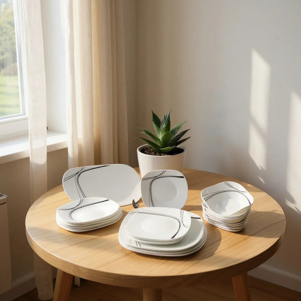 Conjunto de Jantar Branco com Detalhes Pretos – 26 Peças