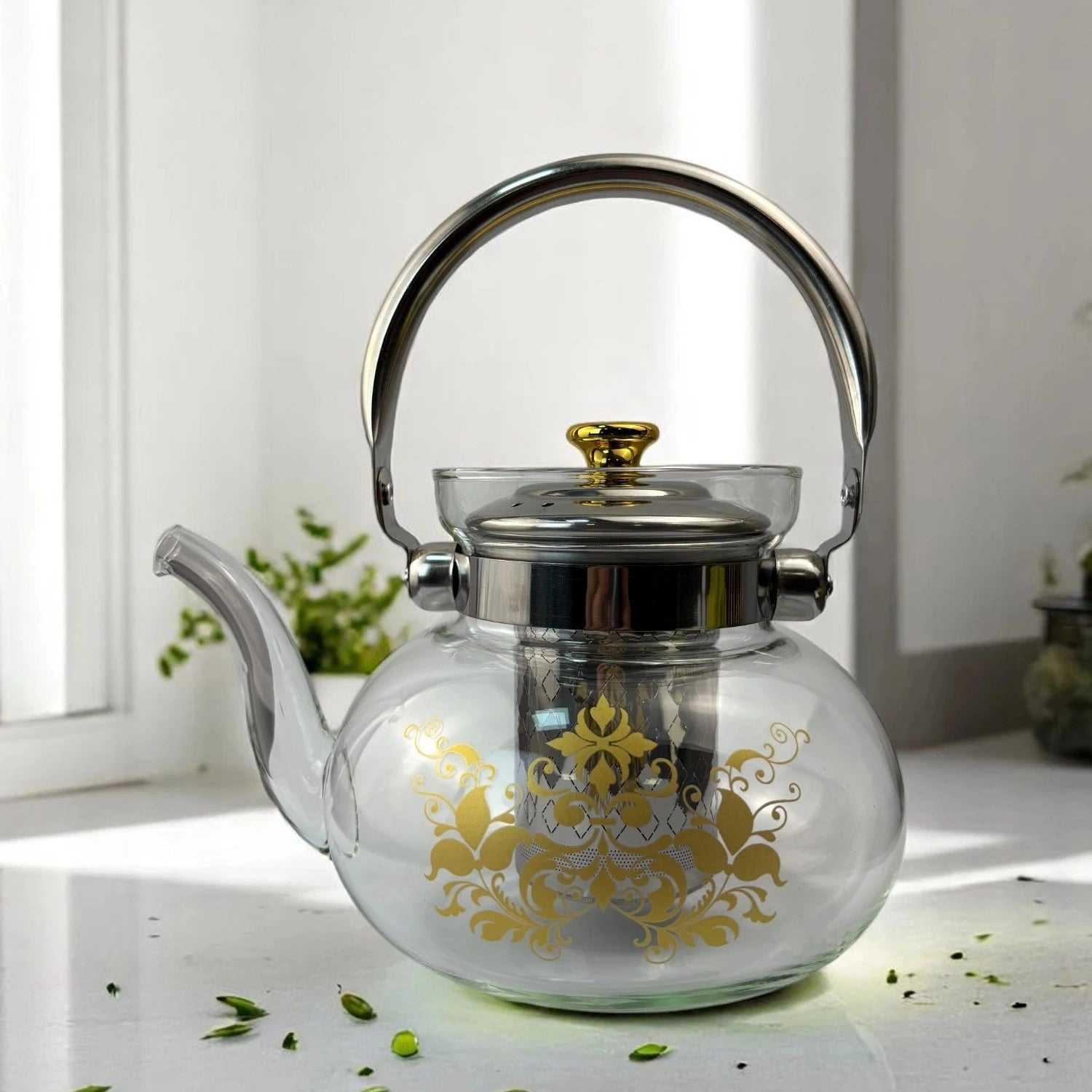 Chaleira de Vidro com Infusor e Acabamento Dourado 1,1L alidolado