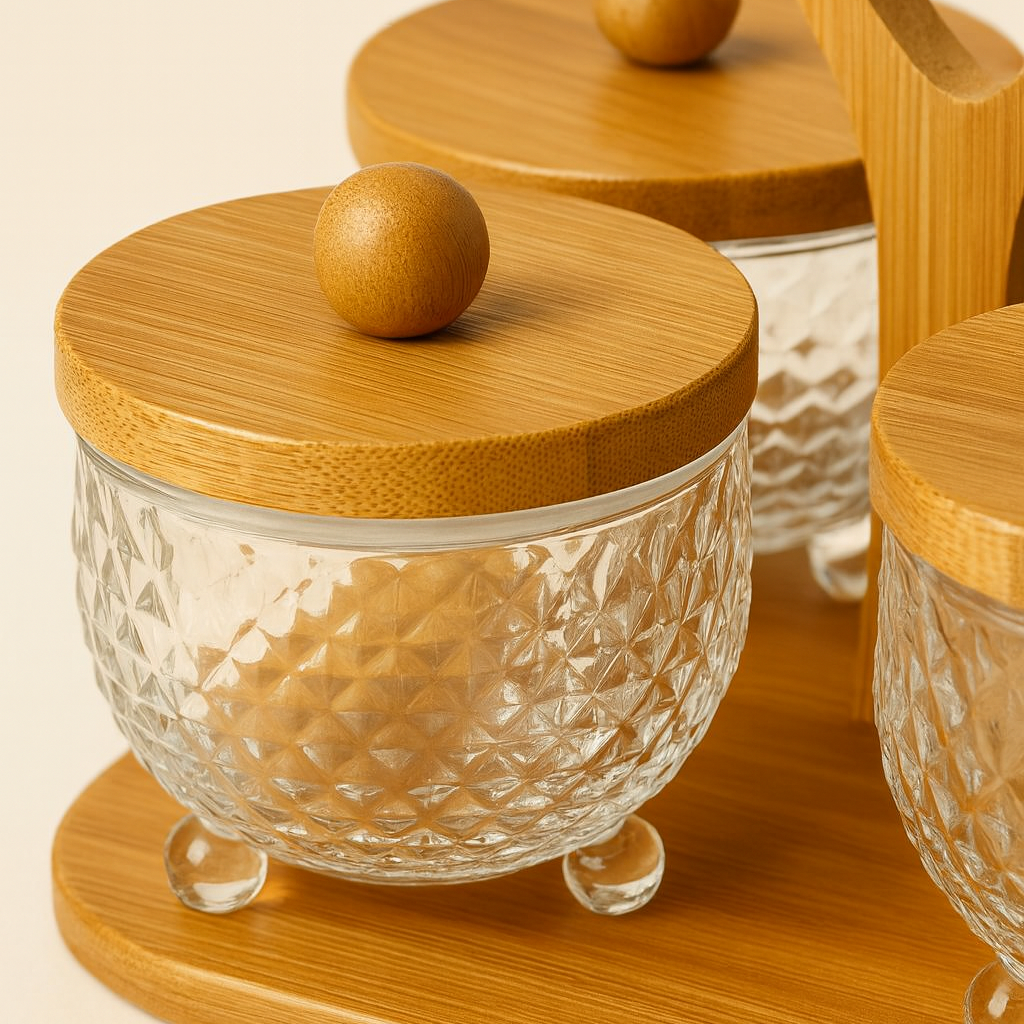 Kit com 4 Potes de Vidro com Tampa de Bambu + Bandeja