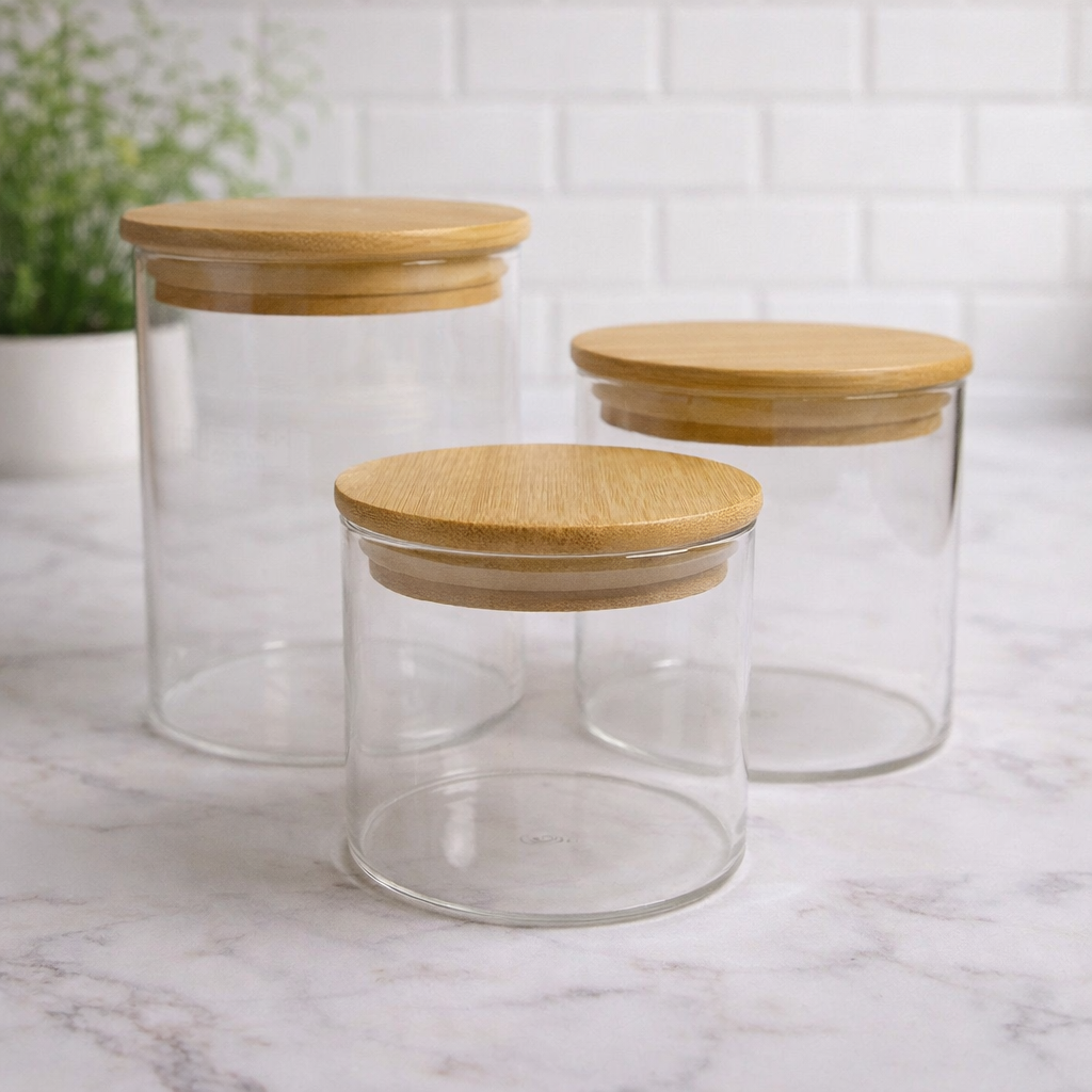 Kit de Potes Herméticos Redondos Tampa de Bambu 3 Peças Alidolado