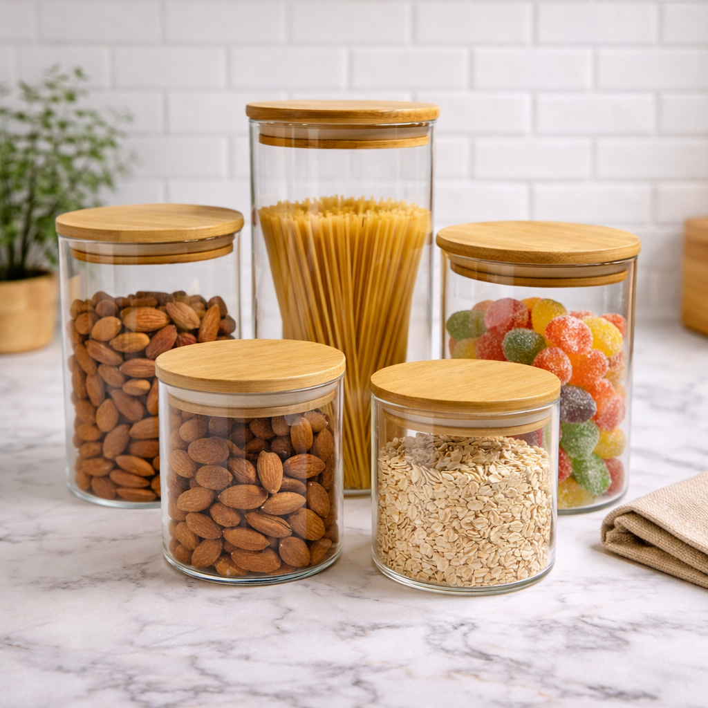 Kit Completo Potes de Vidro com Tampa de Bambu Alidolado
