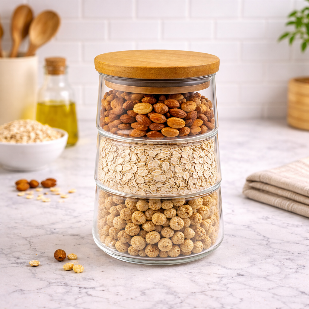 Potes de Vidro 3 Camadas com Tampa de Bambu Alidolado