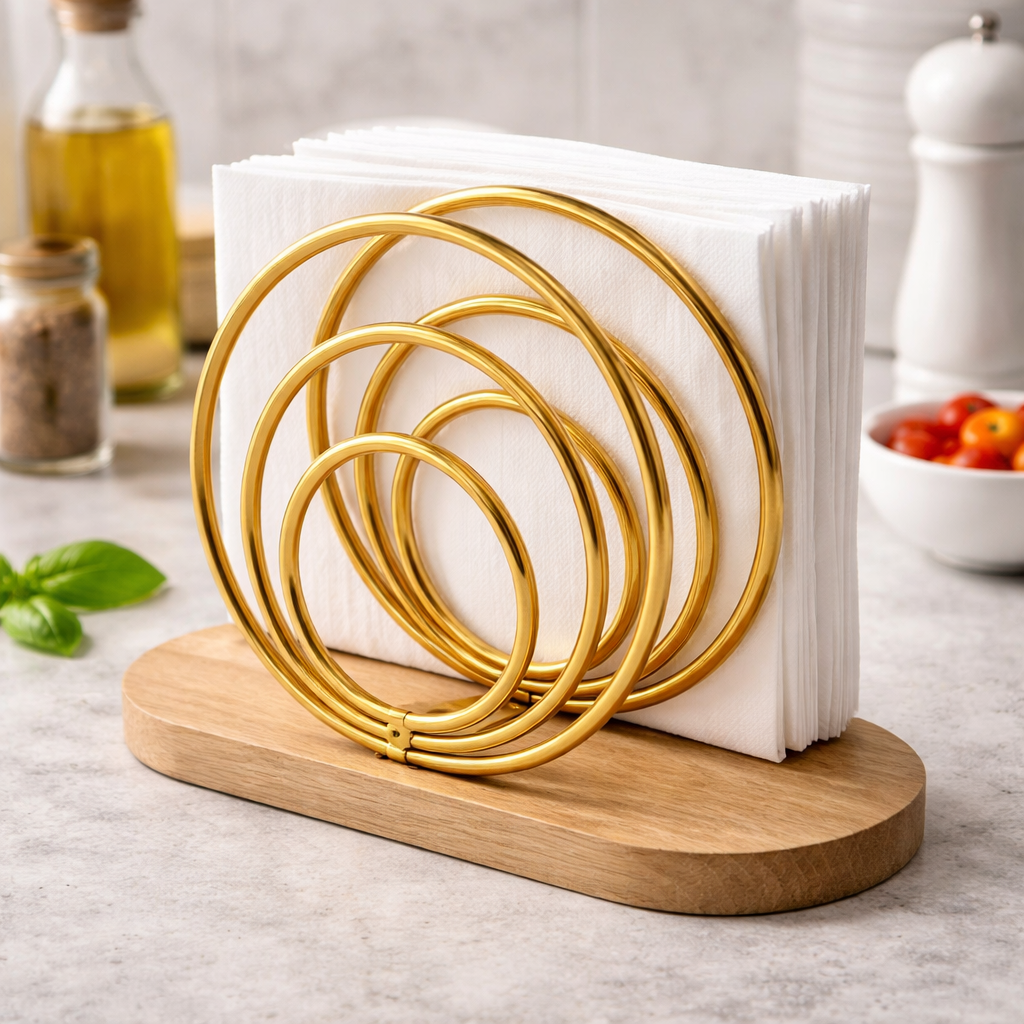 Porta Guardanapo Dourado com Base de Madeira