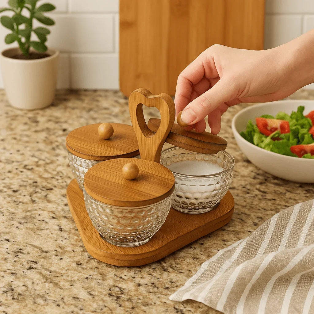 Conjunto com 3 Potes de Vidro e Tampas de Bambu com Bandeja alidolado