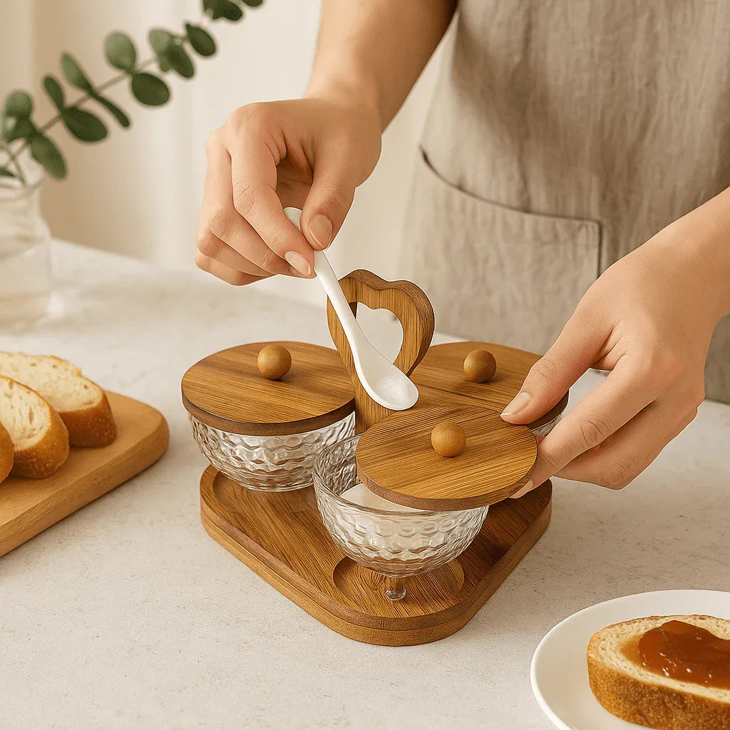 Conjunto com 3 Potes de Vidro e Tampas de Bambu com Bandeja alidolado