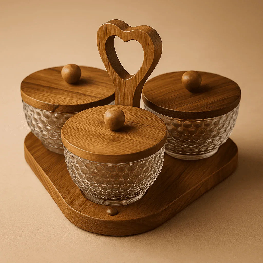 Conjunto com 3 Potes de Vidro e Tampas de Bambu com Bandeja alidolado