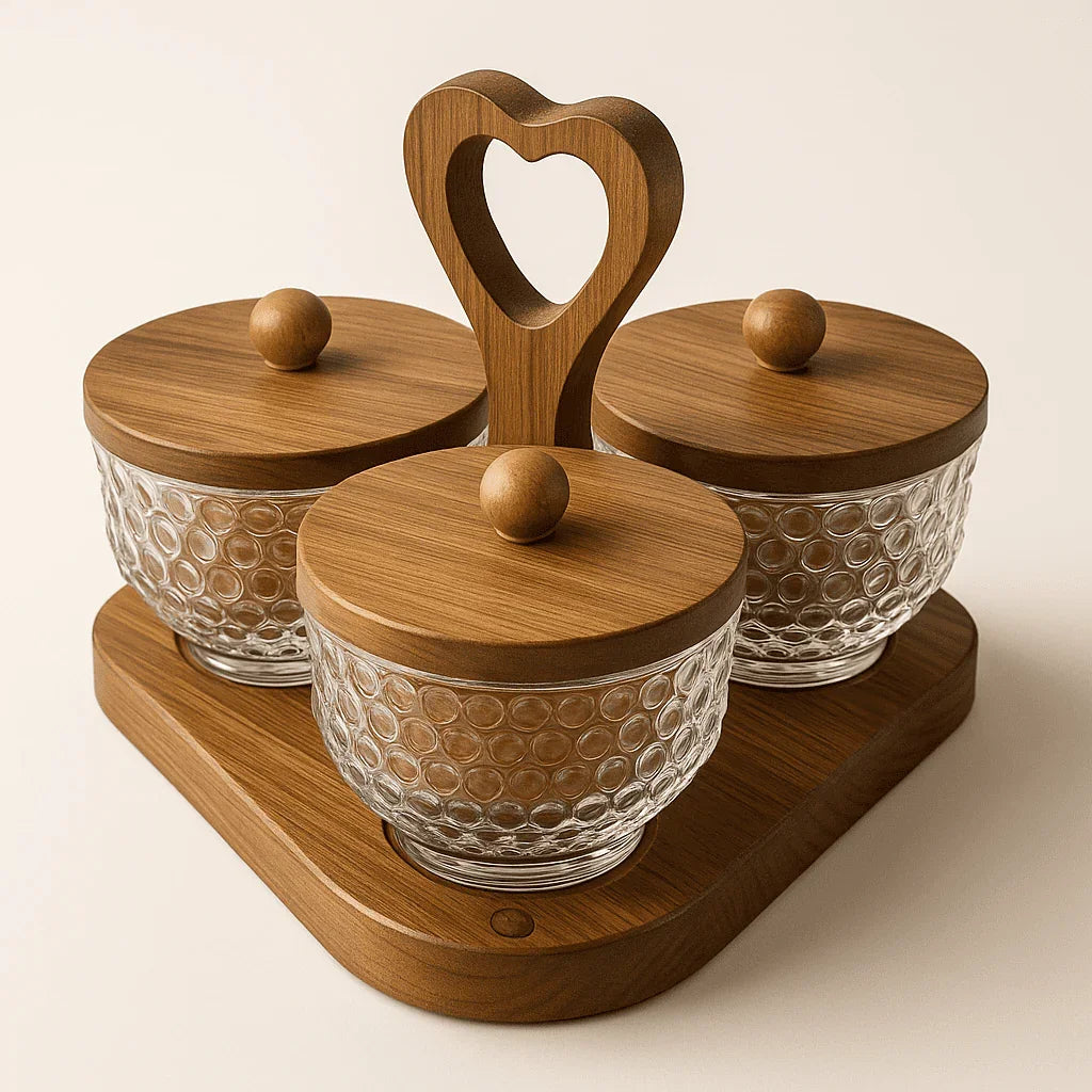 Conjunto com 3 Potes de Vidro e Tampas de Bambu com Bandeja alidolado