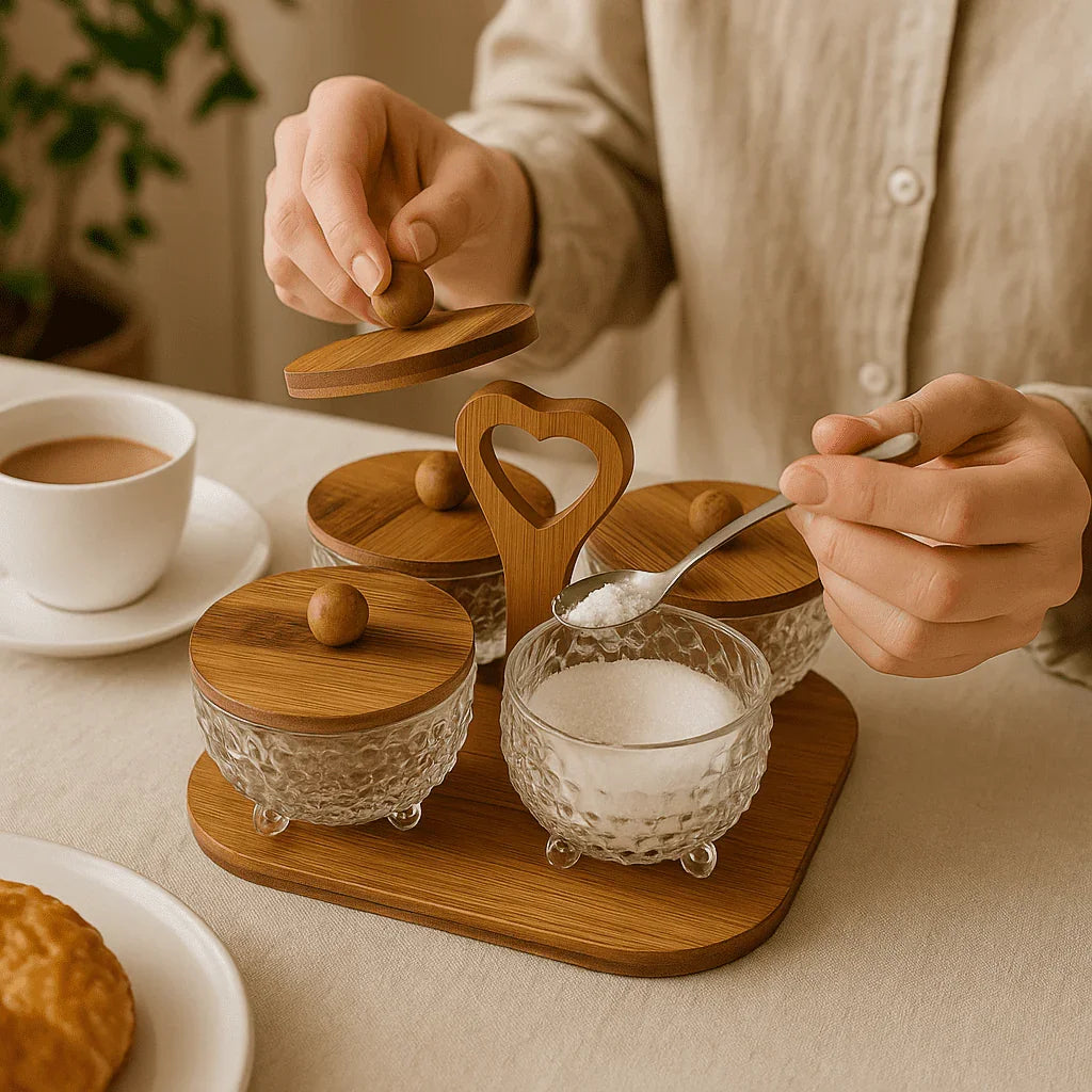 Conjunto com 4 Potes de Vidro e Tampas de Bambu com Bandeja alidolado