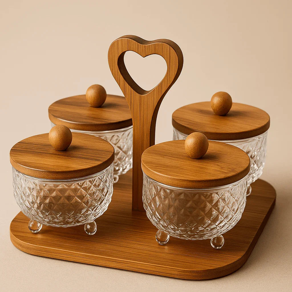 Conjunto com 4 Potes de Vidro e Tampas de Bambu com Bandeja alidolado