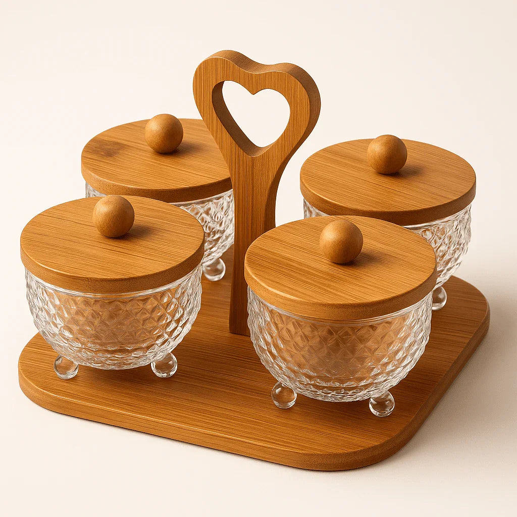 Conjunto com 4 Potes de Vidro e Tampas de Bambu com Bandeja alidolado