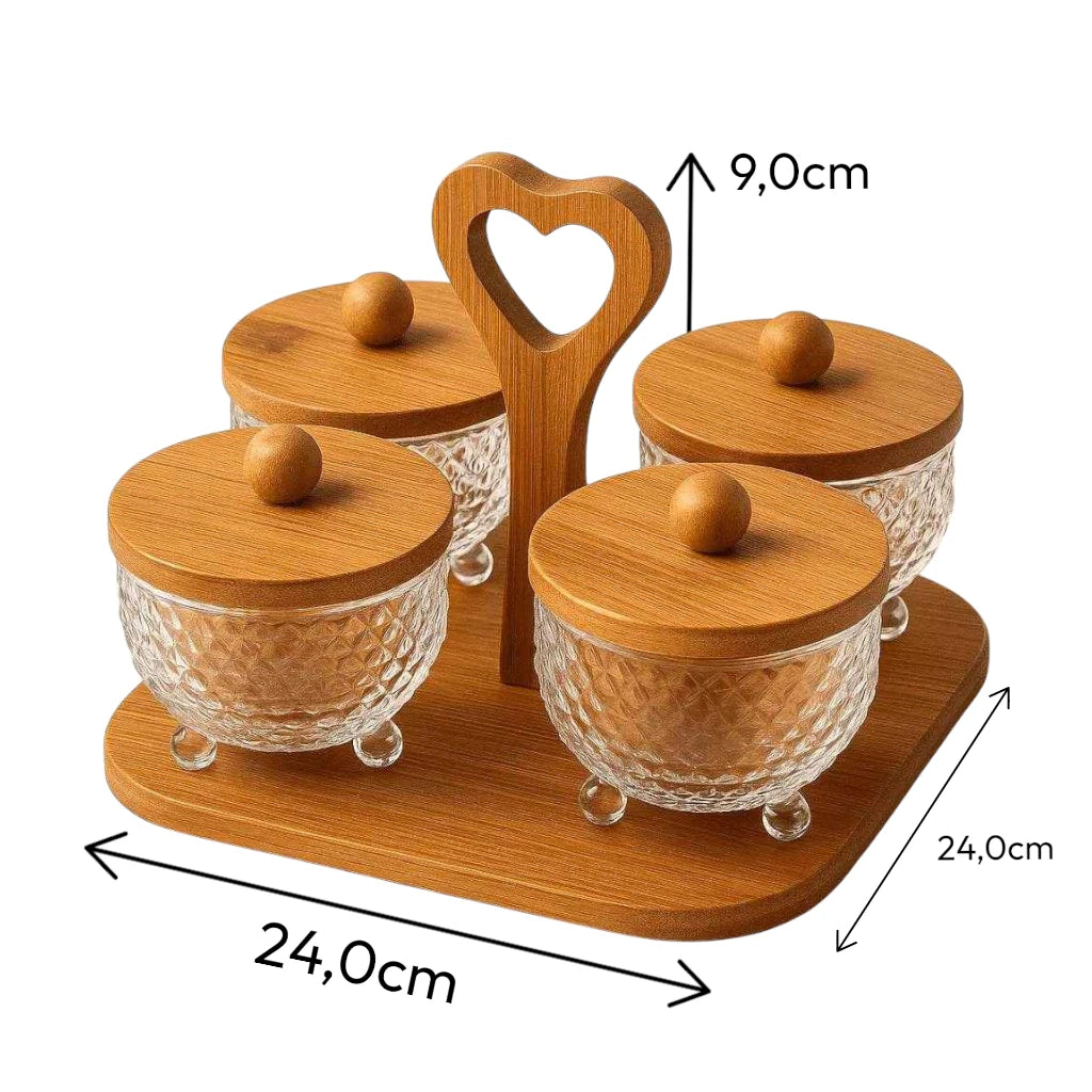 Kit com 4 Potes de Vidro com Tampa de Bambu + Bandeja