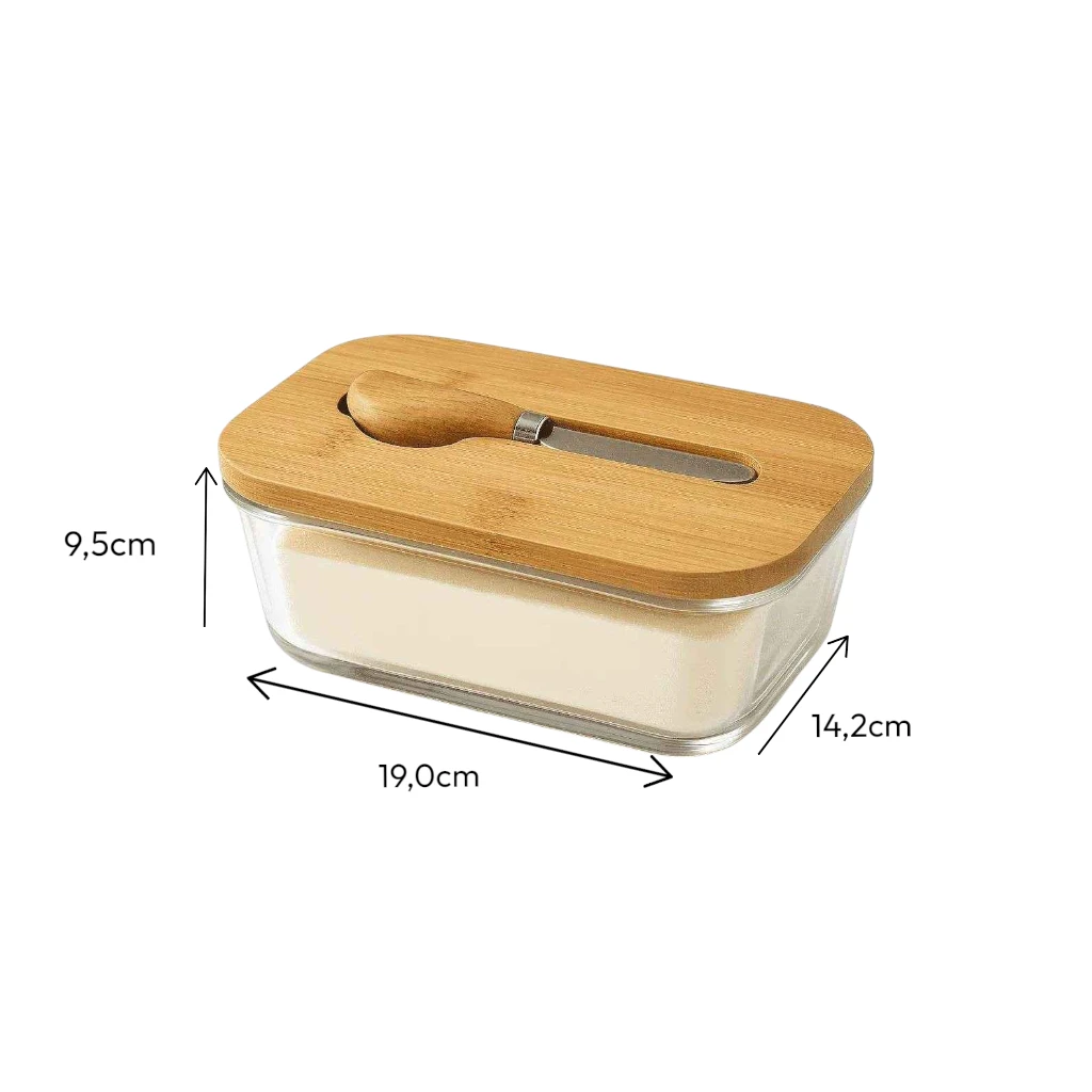 Manteigueira de Vidro com Tampa e Faca de Bambu Alidolado