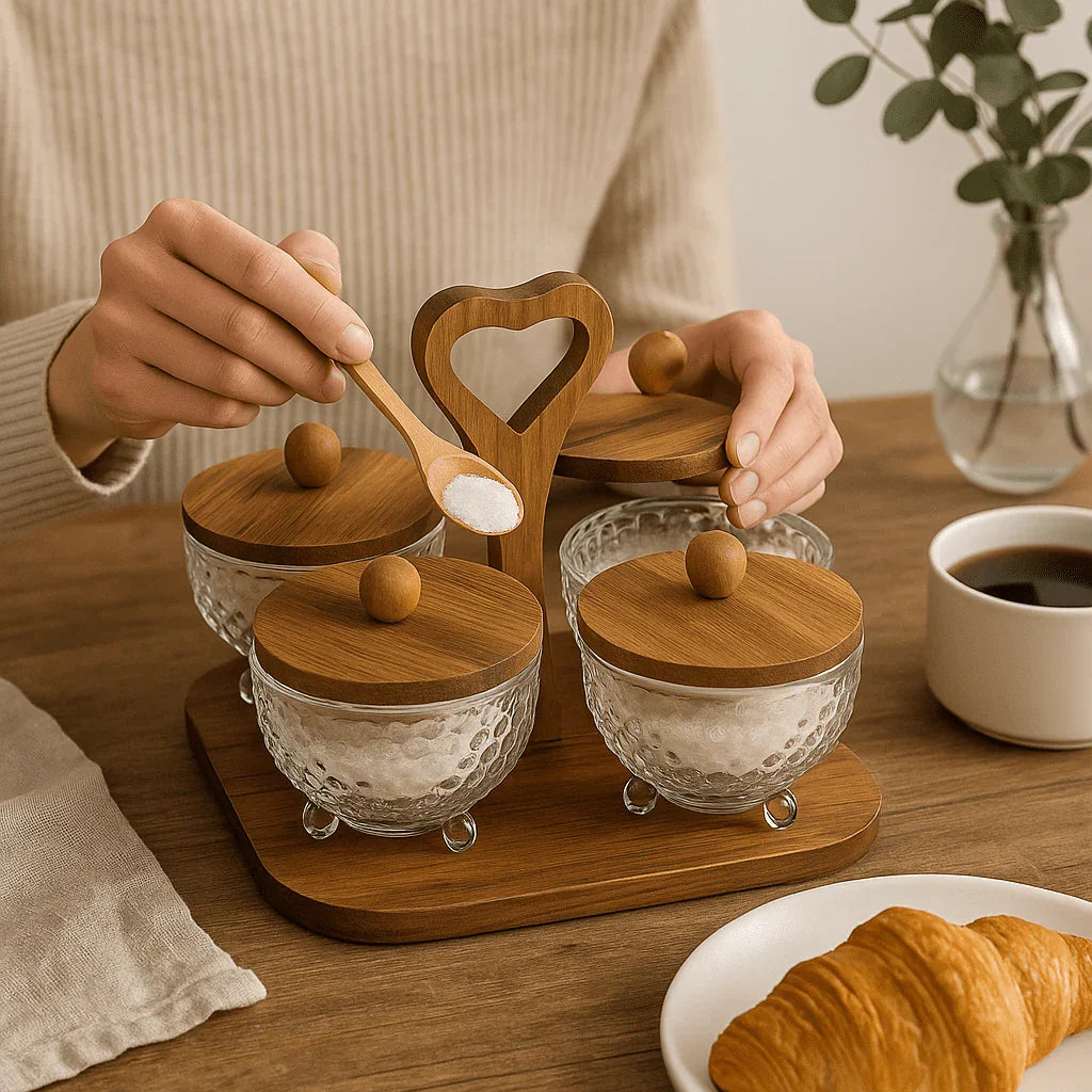 Conjunto com 4 Potes de Vidro e Tampas de Bambu com Bandeja alidolado
