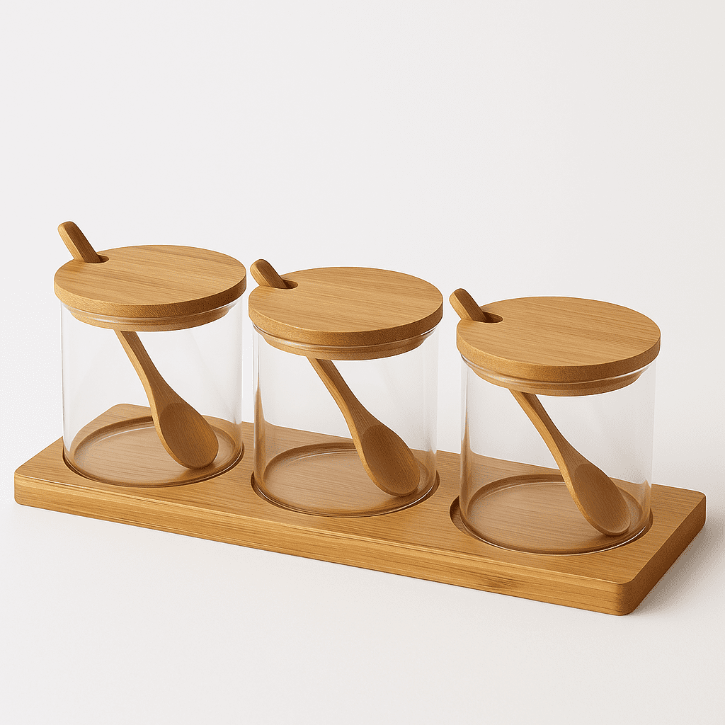 Conjunto de 3 Potes de Vidro com Tampa de Bambu alidolado