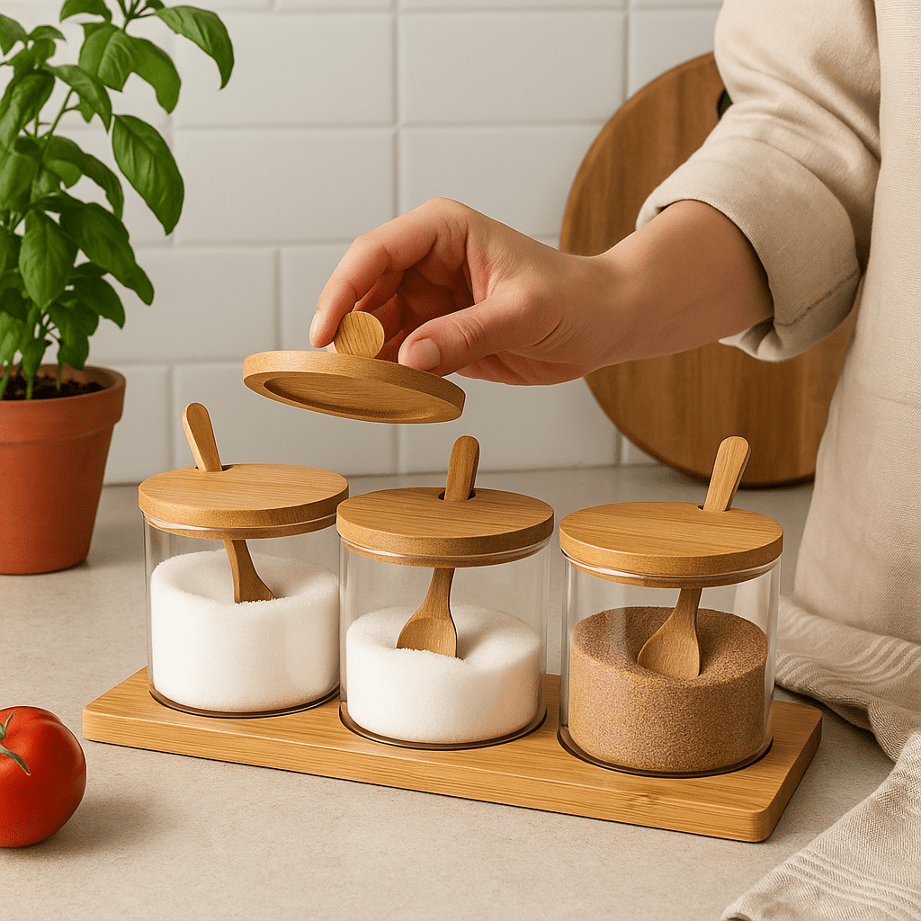 Conjunto de 3 Potes de Vidro com Tampa de Bambu alidolado