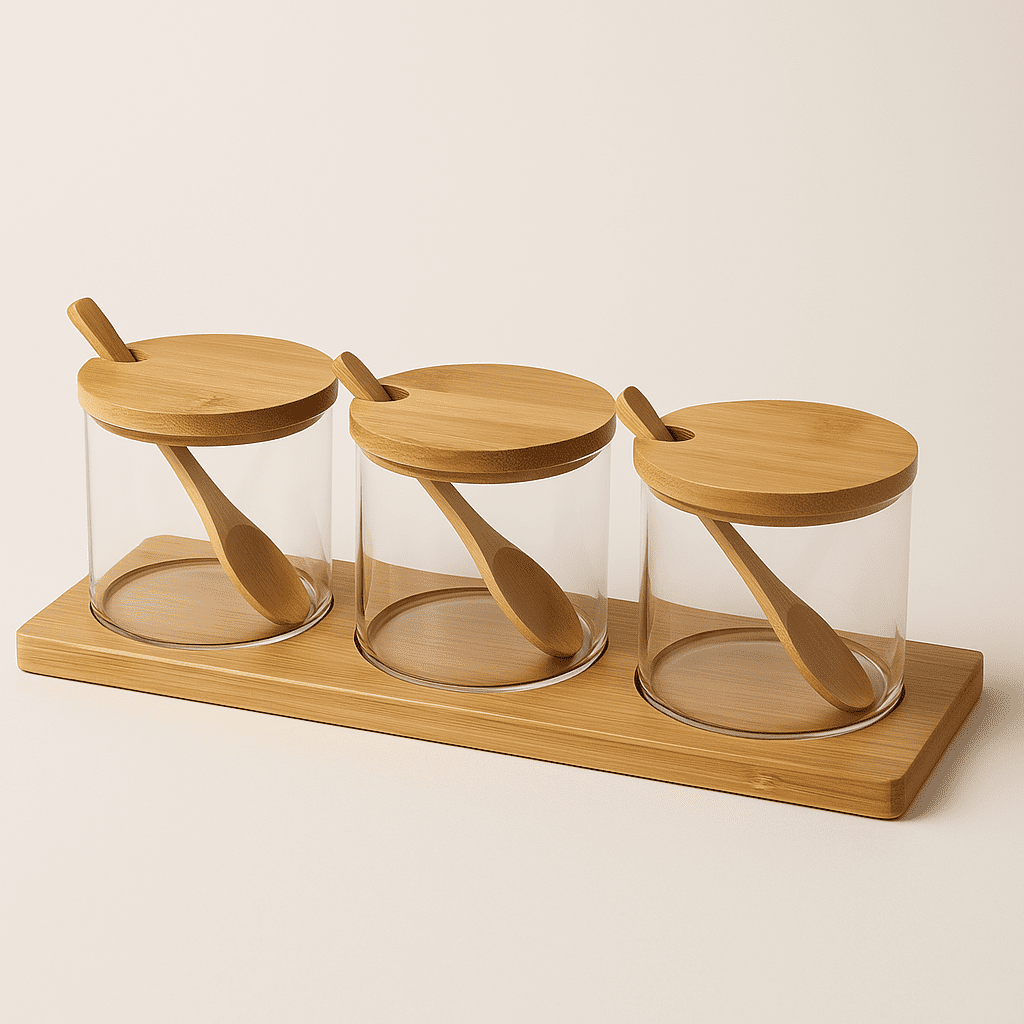 Conjunto de 3 Potes de Vidro com Tampa de Bambu alidolado