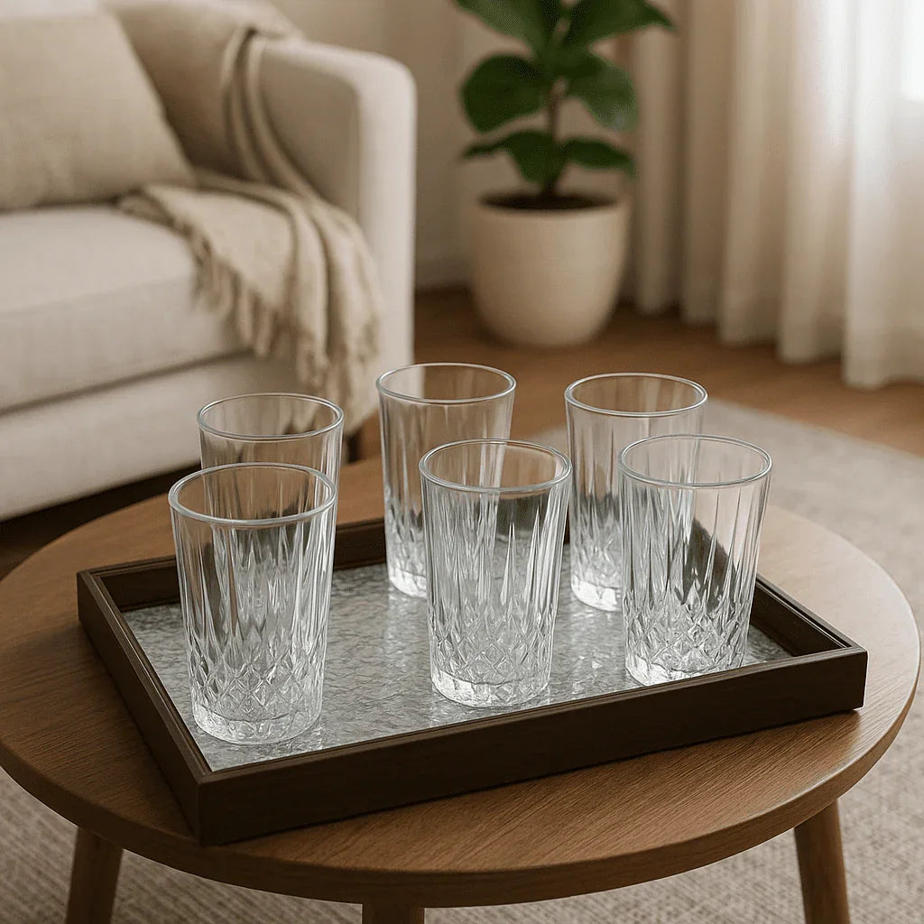 Conjunto de 6 Copos Alto de Vidro 370ml com Design Estilo Cristal alidolado