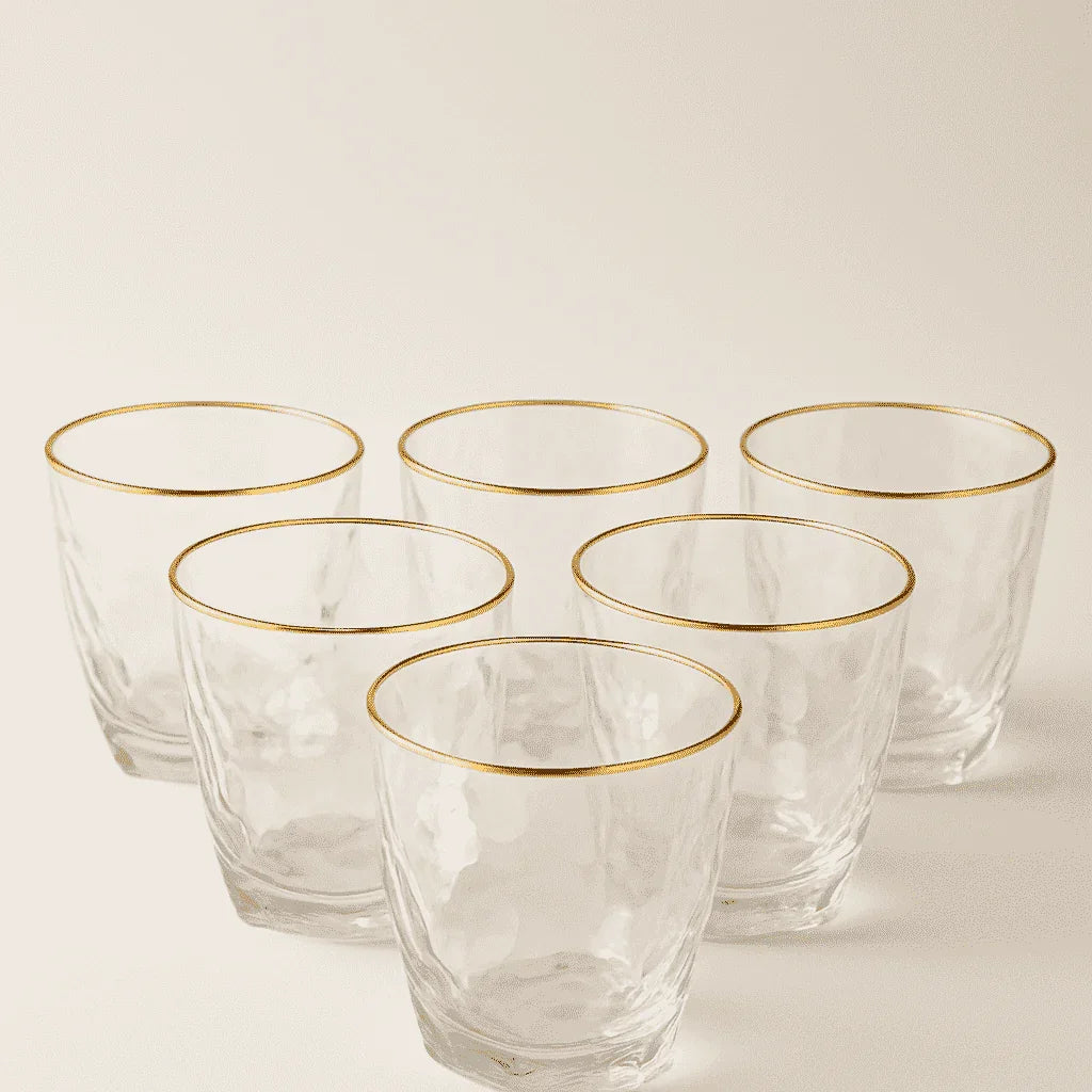 Conjunto de 6 Copos Decorativos de Vidro com Borda Dourada 275ml alidolado