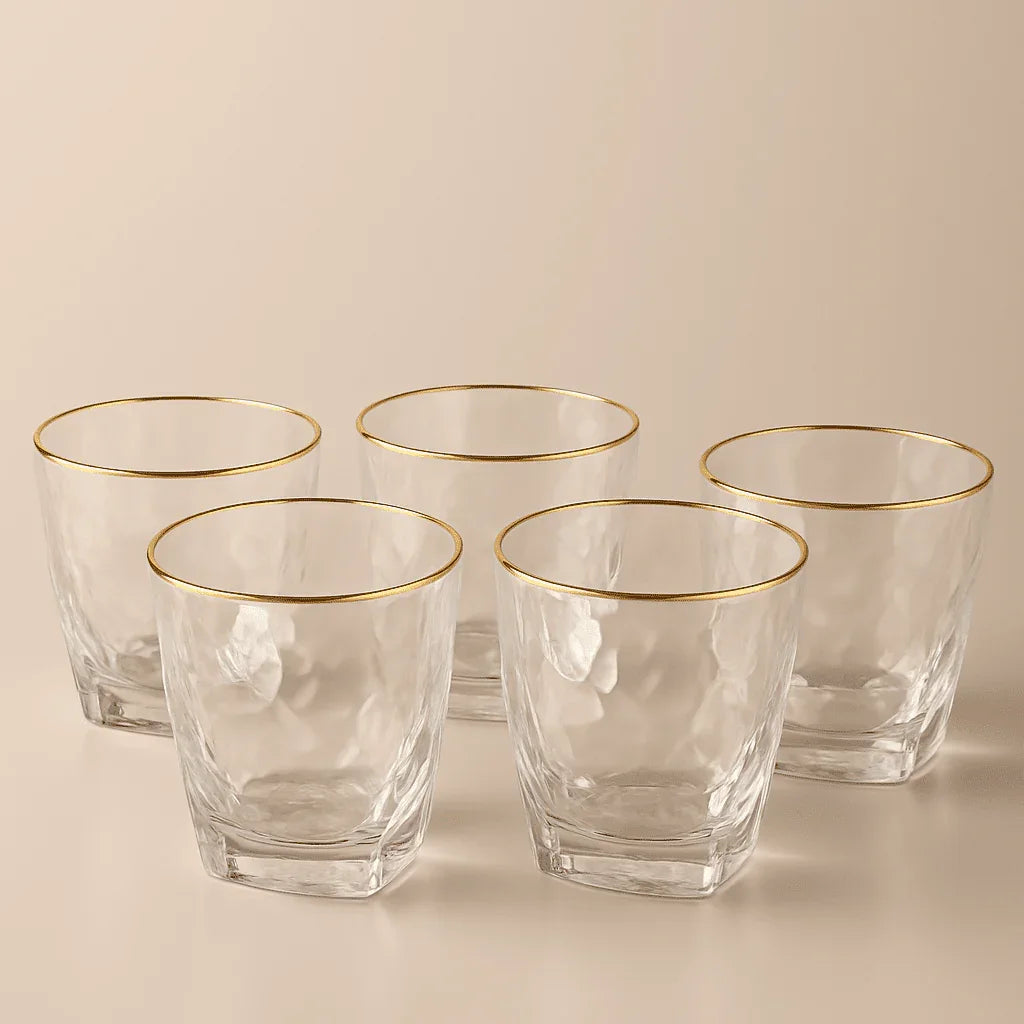 Conjunto de 6 Copos Decorativos de Vidro com Borda Dourada 275ml alidolado