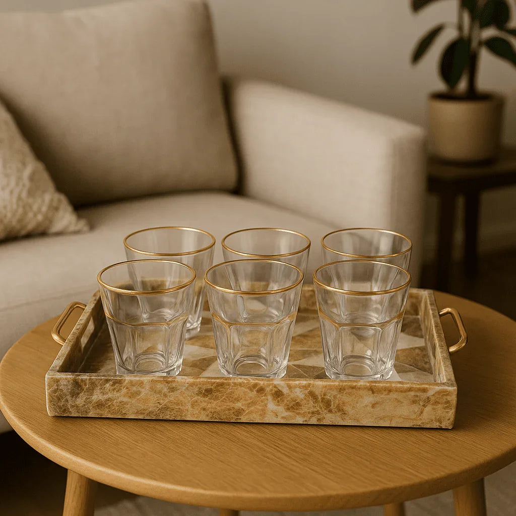 Conjunto de 6 Copos Decorativos de Vidro com Borda Dourada 275ml alidolado