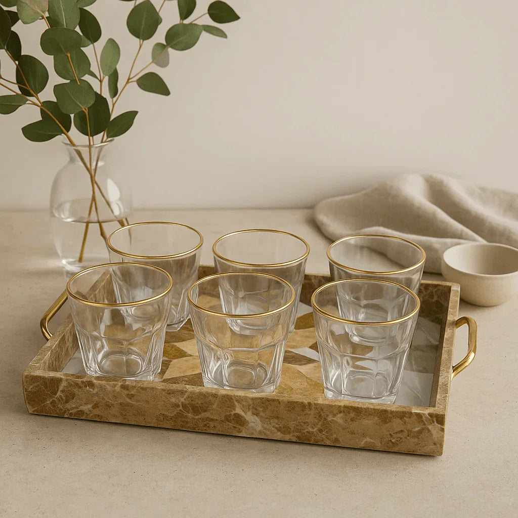 Conjunto de 6 Copos Decorativos de Vidro com Borda Dourada 275ml alidolado