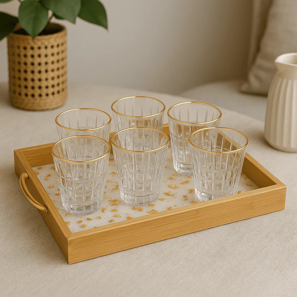 Conjunto de 6 Copos de Vidro Lapidado com Borda Dourada 260ml alidolado