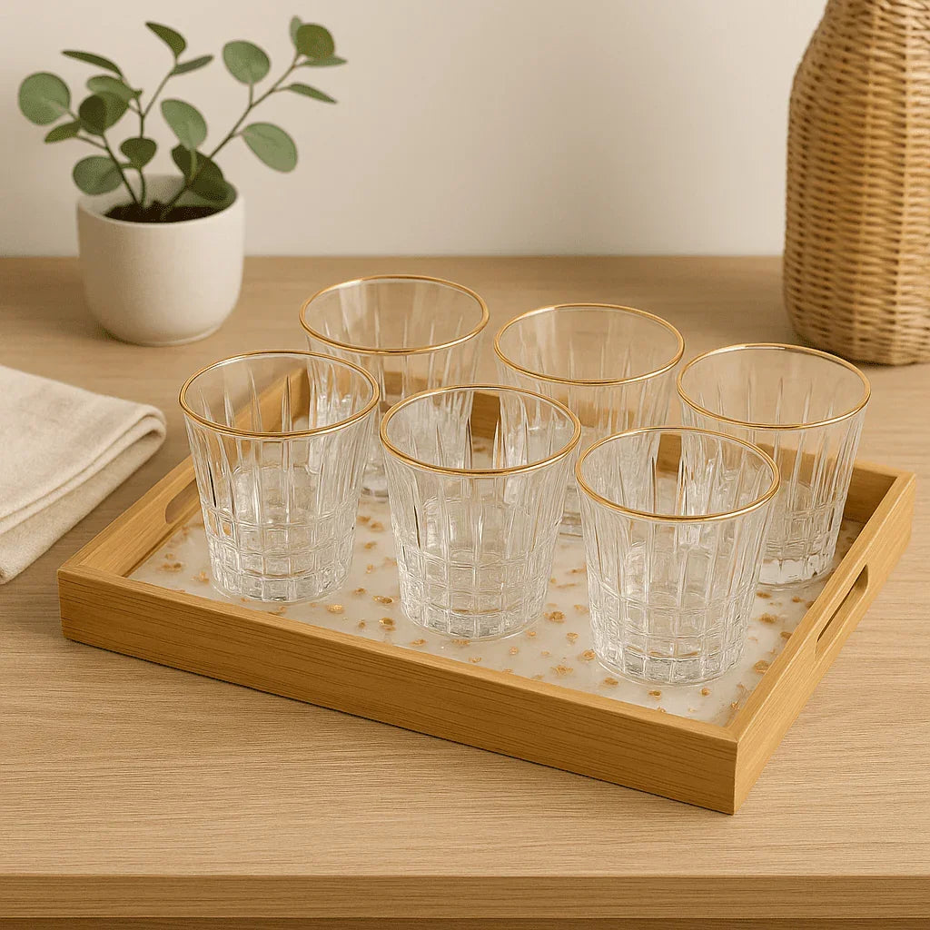 Conjunto de 6 Copos de Vidro Lapidado com Borda Dourada 260ml alidolado