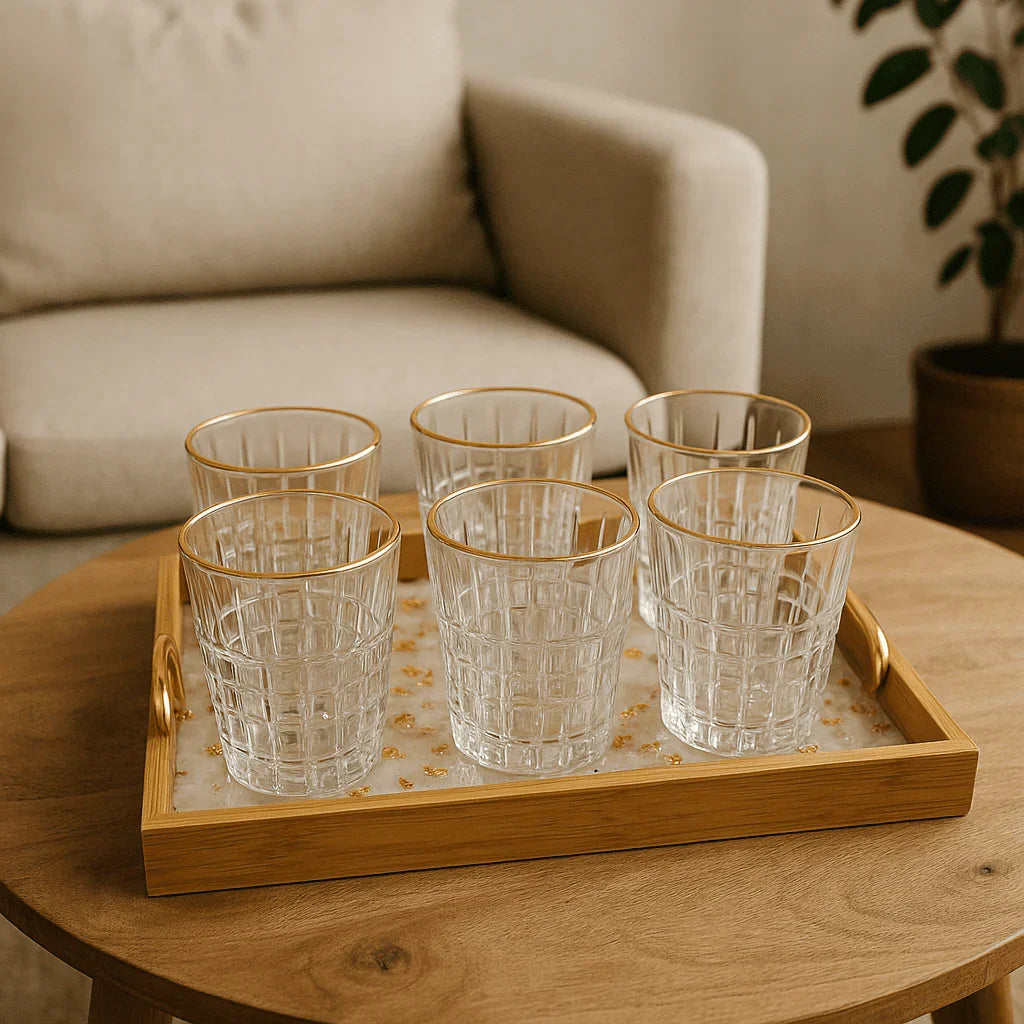 Conjunto de 6 Copos de Vidro Lapidado com Borda Dourada 260ml alidolado